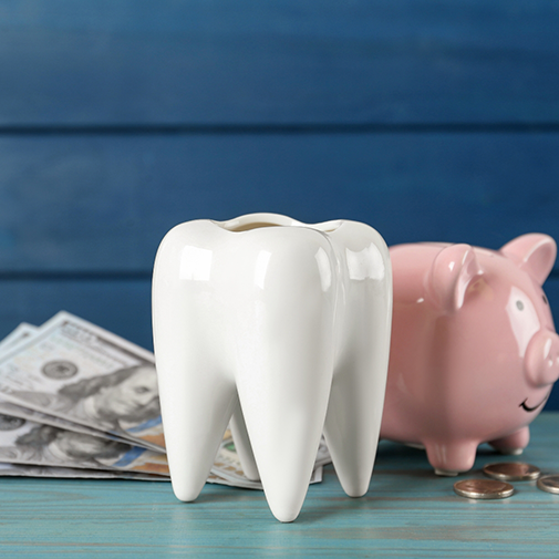 Model of tooth in front of money and piggy bank