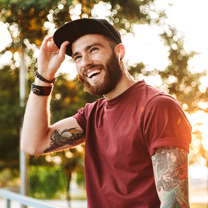 Man in red shirt with hat